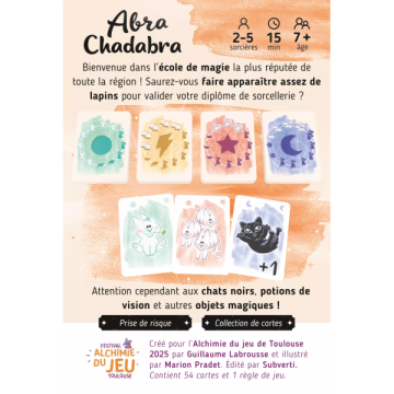 Abra Chadabra est un jeu de cartes familial où vous allez devoir prendre tous les risques pour obtenir votre diplôme de sorcelle